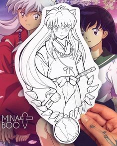 an anime character holding up a paper cutout with two other characters in the background