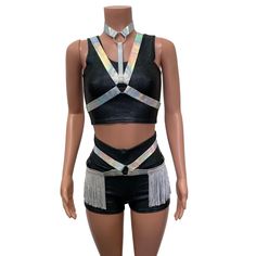 Fringe Harness Set in Opal Holographic | Cage Bra Rave Body Harness Ou– Peridot Clothing Fringe Harness, Body Harness Outfits, Chromatica Ball, Harness Outfit, Harness Bra, Body Harness, Fringe Skirt, Bra Top, The Rings