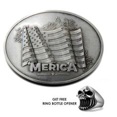 an american flag belt buckle with the words merica on it and a skull head