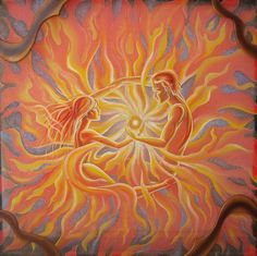 a painting of two people holding hands in front of an orange and yellow fire background