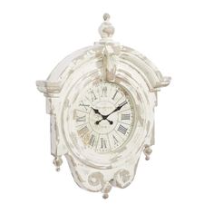 an old white clock with roman numerals on the face and hands is shown against a white background