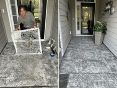 before and after photos of a front porch with decorative tile on the floor, and in between