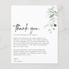 a thank card with eucalyptus leaves and greenery in black ink that reads, thank you to our friends and family