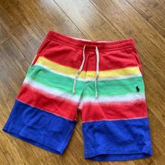 Polo Ralph Lauren 9" Classics French Terry Shorts Multicolor Striped Mens Sz S Sporty Multicolor Bottoms With Relaxed Fit, Sporty Multicolor Relaxed Fit Bottoms, Casual Red Bermuda Shorts For Summer, Color Block Cotton Shorts, Relaxed Fit Cotton Color Block Bottoms, Relaxed Fit Color Block Cotton Bottoms, Cotton Color Block Relaxed Fit Bottoms, Cotton Color Block Shorts, Green Color Block Casual Shorts