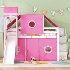 a child's bedroom with a pink bunk bed and slide