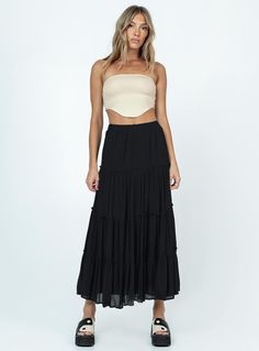 Maxi skirt Relaxed fit Princess Polly Exclusive Main: 100% rayon Lining: 100% cotton Length of size US 4 / AU 8 waist to hem: 97cm / 38.1in Olivia is wearing a size US 2 / AU 6 High waisted Tiered design Frill detailing throughout Wide elasticated waist band Non stretch Fully lined Black Maxi Ruffle Skirt, Black Relaxed Full Maxi Skirt, Black Cotton Flowy Maxi Skirt, Black Full Relaxed Maxi Skirt, Black Flowy Tiered Maxi Skirt, Pink Formal Dresses, Fleece Dress, Outerwear Outfit, Strapless Tops