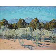 an oil painting of desert scene with mountains in the distance and trees on the far side