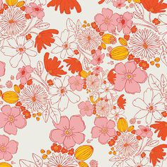 an orange, pink and yellow floral print on white fabric