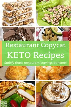 many different pictures with the words restaurant copycat keto recipes on them, including salads and desserts