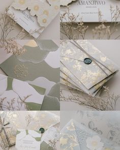 several different types of cards and envelopes with gold foil flowers on them, all in various shapes and sizes