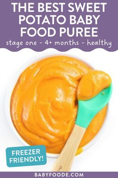 the best sweet potato baby food pure in a white bowl with a green wooden spoon