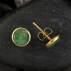 Classic and sophisticated, this Pre-Columbian inspired cabochon jade design is suitable for any occasion. 24k gold vermeil. Size: 1/4" Columbian Jewelry, Jade Jewellery, Jade Design, Jewelry Wishlist, European Jewelry, Style Goals, Medieval Jewelry, Jade Stone, Pretty Earrings