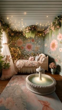 a bedroom decorated with flowers and fairy lights