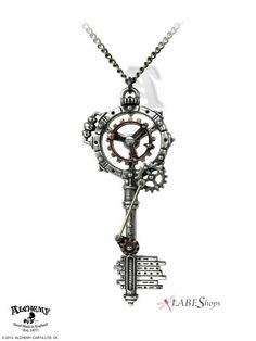 a necklace with a clock and key attached to the back of it's chain