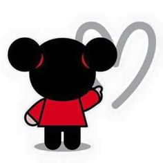 a black and white mouse with a red shirt on it's head, standing in front of a heart