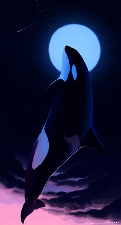 an orca whale jumping in the air at night with a full moon behind it