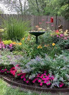 a garden filled with lots of flowers next to a bird bath