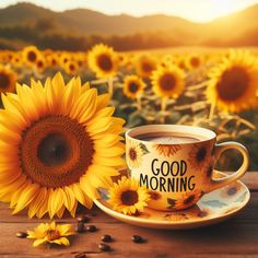 a cup of coffee sitting on top of a wooden table next to a sunflower