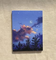 a painting of the night sky with clouds and trees