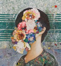 a painting of a woman with flowers in her hair, against a striped wallpapered background