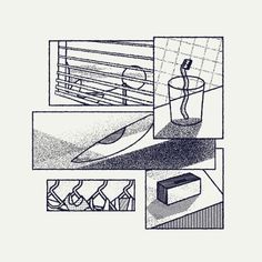 a black and white drawing of various things in the kitchen, including an electric toothbrush