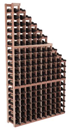 a wooden wine rack with several rows of bottles stacked on top of eachother