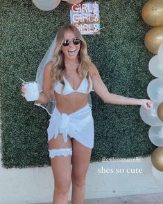 Pool Bachelorette Party Outfit, Brides Bachelorette Outfit, Wedding Reception Party Hats, White Outfits Bachelorette Party, Outfits For Bachelorette Weekend, Bridal Party Bachelorette Outfits, Beach Bride Bachelorette, Batchloret Outfits, Bach Party Bride Outfit