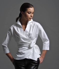 White Wrap Blouse, Feminine Shirts, Perfect White Shirt, Evening Blouses, Shirt Company, Black Leather Leggings, White Shirt Blouse, Company Shirts, Body Measurement