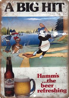 a sign advertising a beer with a cartoon character holding a baseball bat and wearing a hat