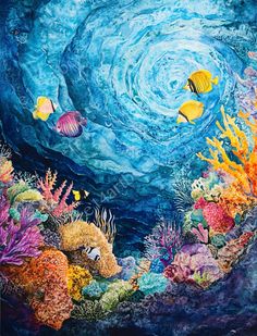 an underwater scene painted with acrylic paint and watercolor pencils on paper