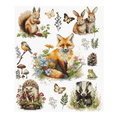 the cross stitch pattern shows different types of animals and plants, including an orange fox