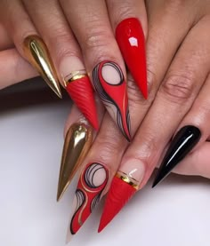 Red Black Gold Nails Design, Crimson And Cream Nails, Gold And Red Nail Designs, Red Gold Black Nails, Dramatic Nails Designs, Classy Red Nails, Red And Black Nail Designs, Nails Tech, Red And Gold Nails