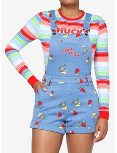 Get all dolled up for your next playdate with your friend till the end in these Chucky shortalls! These scuba shortalls feature "Good Guys" printed on the front bib pocket and an allover print of doll accessories. Comes with pockets and adjustable straps.