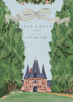 an image of a wedding card with a castle in the middle and trees around it