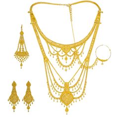 An image showing the regal 22K Indian gold necklace set with matching earrings and a nose ring from Virani Jewelers. 22k Gold Necklace Set, Nath Nose Ring, 22k Gold Necklace, Double Collar, Indian Necklace, Gold Long Necklace, Gold Bead Necklace, Gold Necklace Set, Filigree Design