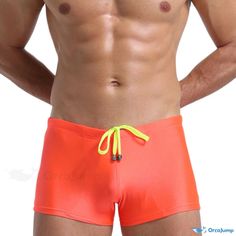 Orcajump - Stylish Square-cut Swim Trunks with Fashionable Strap Design - Breathable and Quick-drying Beach Shorts Red Beachwear Bottoms For Water Sports, Red Bottoms For Water Sports In Summer, Orange Stretch Swim Trunks For Summer, Stretch Bottoms For Water Sports, Stretch Summer Bottoms For Water Sports, Stretch Orange Bottoms For Beach Season, Stretch Orange Bottoms For Vacation, Belt Design, Square Cut