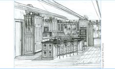 a drawing of a kitchen with lots of counter space