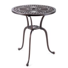 an iron table with a flower design on it's top and bottom, sitting against a white background