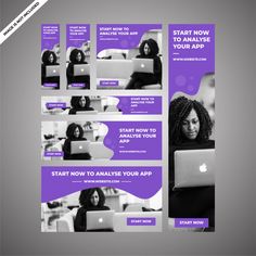 a set of four purple banners with images of women using laptops and talking on the phone