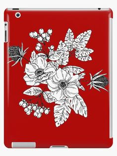 a red ipad case with black and white flowers on the front, against a red background