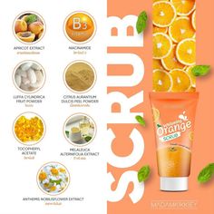 an advertisement with oranges and other ingredients to be used in the product, as well as