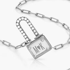 Square Initial Lock Necklace With Diamonds - Silver-3 Silver Luxury Initial Necklace With Monogram, Luxury Personalized Silver Initial Necklace, Luxury White Monogram Jewelry, Luxury Silver Initials Necklace, Luxury Silver Necklaces With Initials, Luxury White Gold Monogram Jewelry, Silver Diamond Initial Necklace For Gift, White Gold Monogram Pendant Jewelry, Luxury Silver Initial Necklace For Anniversary