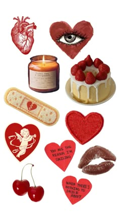 various valentine's day items are arranged in the shape of hearts and pies