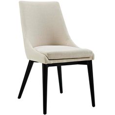 a white chair with black legs and a beige upholstered seat