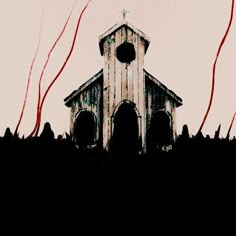 an old church with red streamers coming out of it's roof and the sky in the background