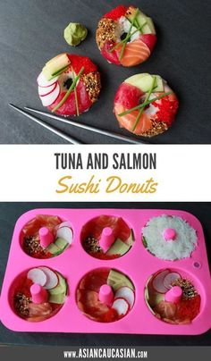 an image of sushi donuts with tuna and salmon in them on a pink tray