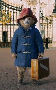 a teddy bear in a blue coat and hat holding a suitcase