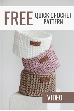 four knitted bowls with the text free quick crochet pattern on top and below