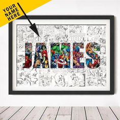 the word james is made up of comic characters in black and white, with an arrow pointing