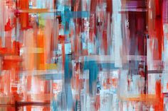 an abstract painting with many different colors and patterns on it's surface, including red, orange, blue, and white